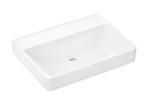 Weißer Waschtisch von Hansgrohe, rechteckige Form ohne Hahnloch und Überlauf, glatte Oberfläche, geeignet für modernes Badezimmerdesign.
